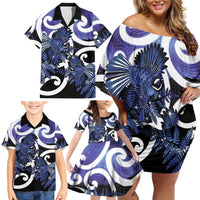 Piwakawaka New Zealand Matariki Family Matching Off Shoulder Short Dress and Hawaiian Shirt Maori New Year Silver Fern Purple Galaxy