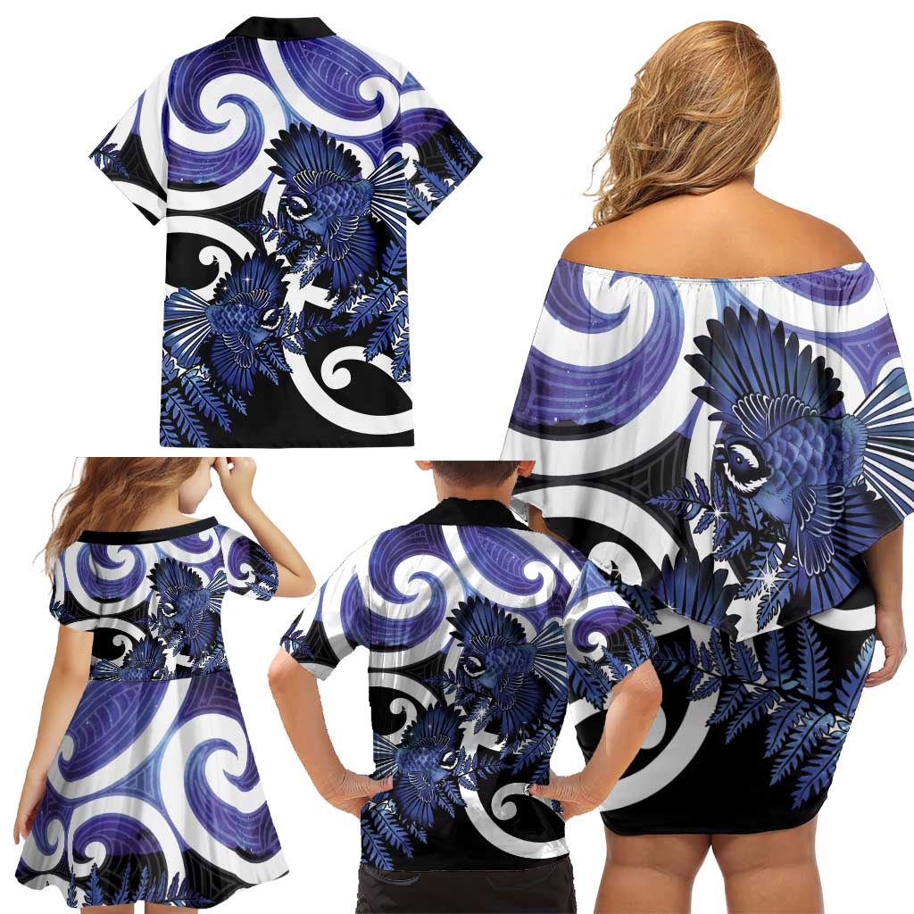 Piwakawaka New Zealand Matariki Family Matching Off Shoulder Short Dress and Hawaiian Shirt Maori New Year Silver Fern Purple Galaxy