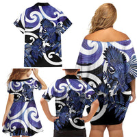 Piwakawaka New Zealand Matariki Family Matching Off Shoulder Short Dress and Hawaiian Shirt Maori New Year Silver Fern Purple Galaxy