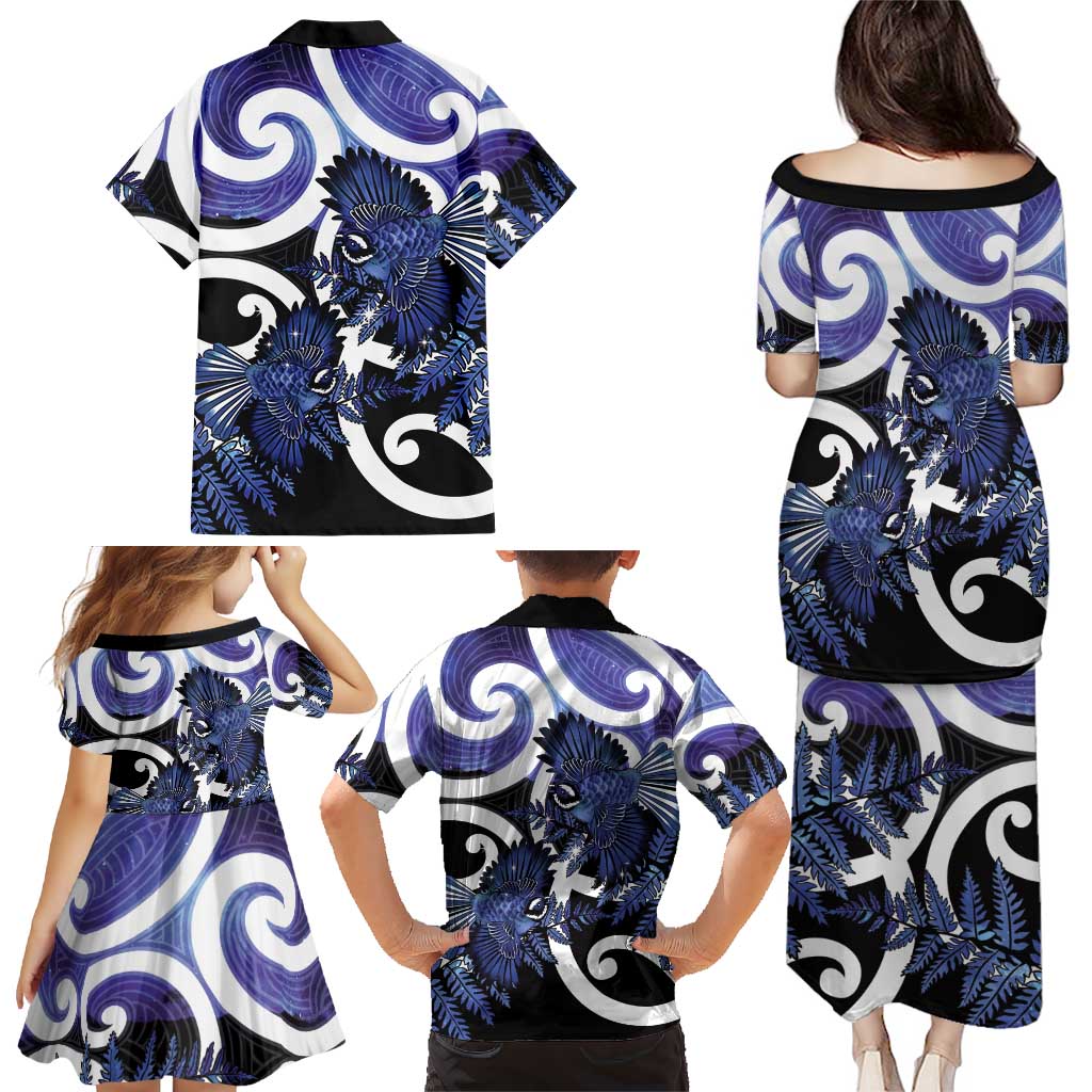 Piwakawaka New Zealand Matariki Family Matching Puletasi and Hawaiian Shirt Maori New Year Silver Fern Purple Galaxy