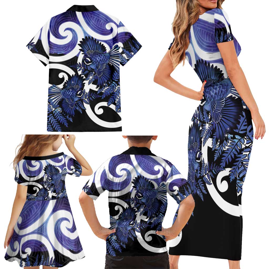 Piwakawaka New Zealand Matariki Family Matching Short Sleeve Bodycon Dress and Hawaiian Shirt Maori New Year Silver Fern Purple Galaxy