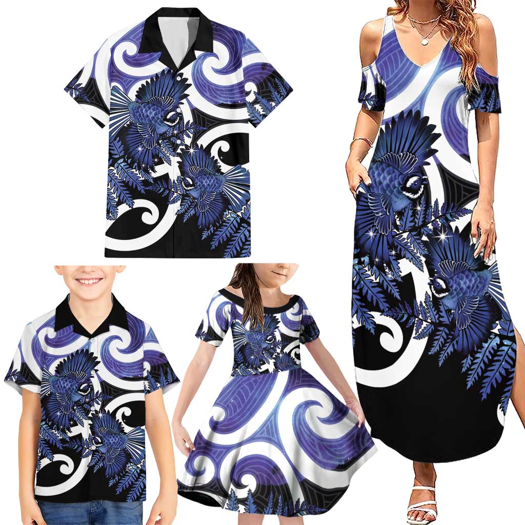 Piwakawaka New Zealand Matariki Family Matching Summer Maxi Dress and Hawaiian Shirt Maori New Year Silver Fern Purple Galaxy