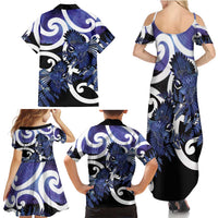 Piwakawaka New Zealand Matariki Family Matching Summer Maxi Dress and Hawaiian Shirt Maori New Year Silver Fern Purple Galaxy