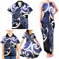 Piwakawaka New Zealand Matariki Family Matching Tank Maxi Dress and Hawaiian Shirt Maori New Year Silver Fern Purple Galaxy