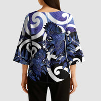 Piwakawaka New Zealand Matariki Kimono Sleeve Blouse Maori New Year Silver Fern Purple Galaxy