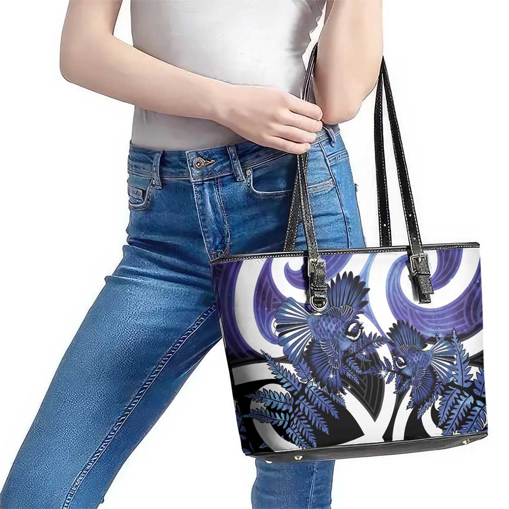 Piwakawaka New Zealand Matariki Leather Tote Bag Maori New Year Silver Fern Purple Galaxy