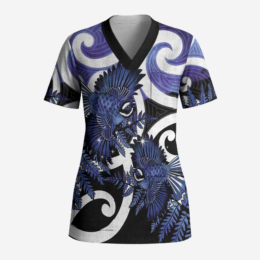 Piwakawaka New Zealand Matariki Scrub Top Maori New Year Silver Fern Purple Galaxy