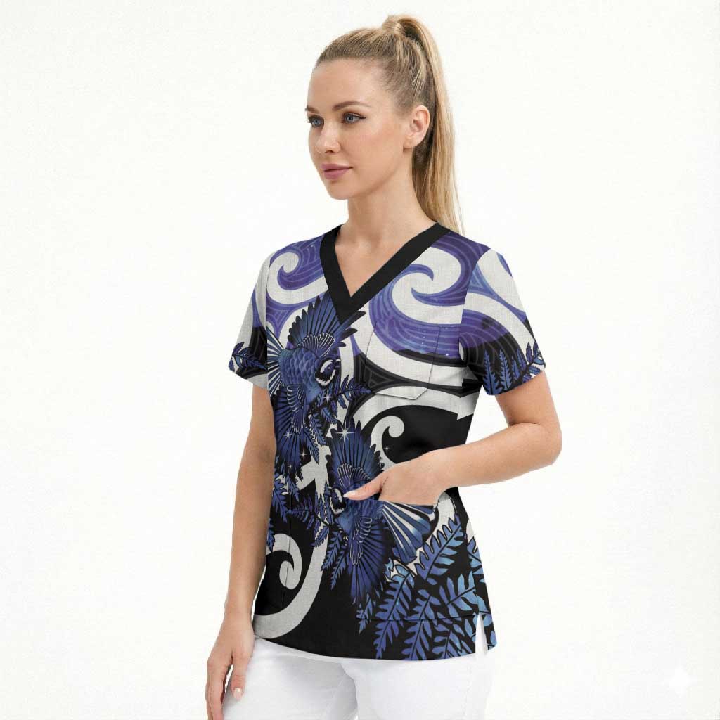 Piwakawaka New Zealand Matariki Scrub Top Maori New Year Silver Fern Purple Galaxy