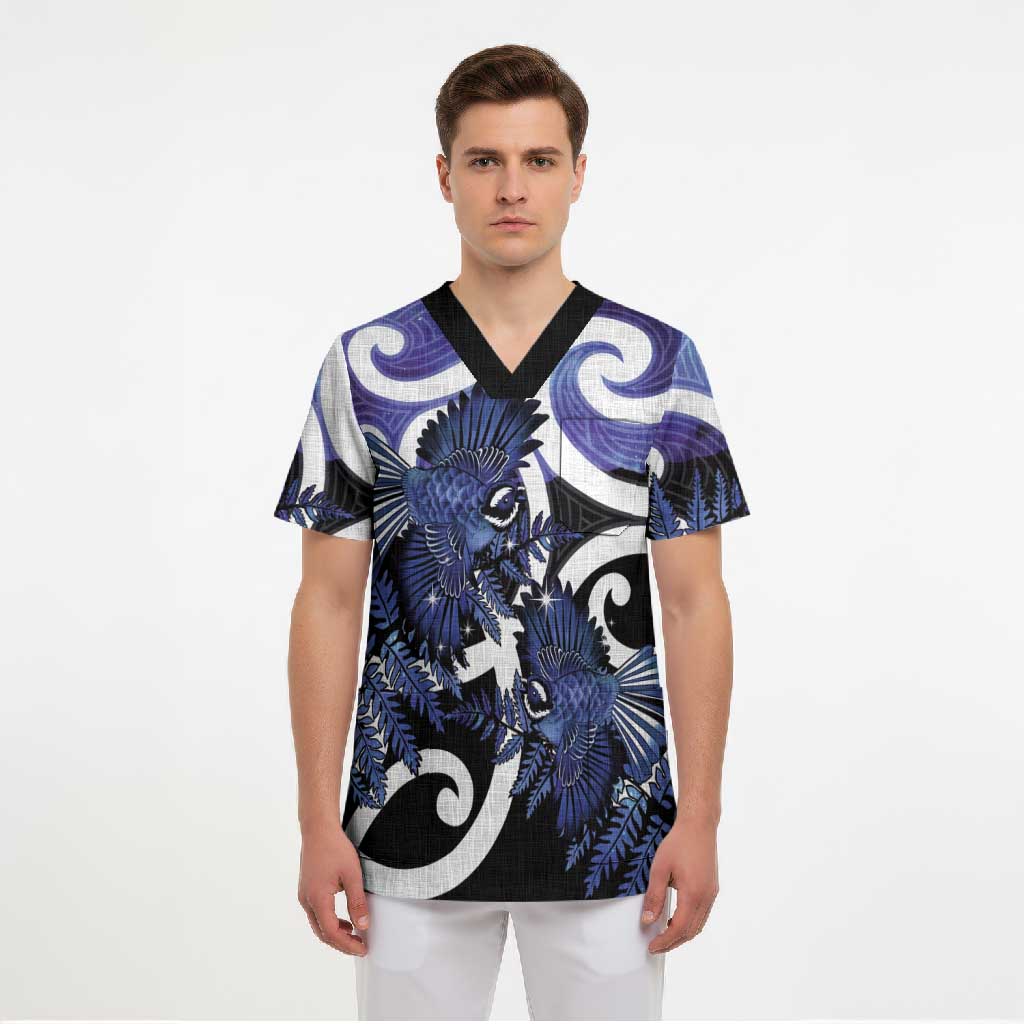 Piwakawaka New Zealand Matariki Scrub Top Maori New Year Silver Fern Purple Galaxy