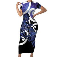 Piwakawaka New Zealand Matariki Short Sleeve Bodycon Dress Maori New Year Silver Fern Purple Galaxy