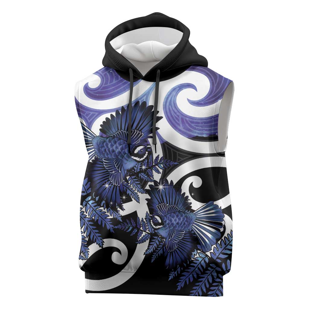 Piwakawaka New Zealand Matariki Sleeveless Hoodie Maori New Year Silver Fern Purple Galaxy