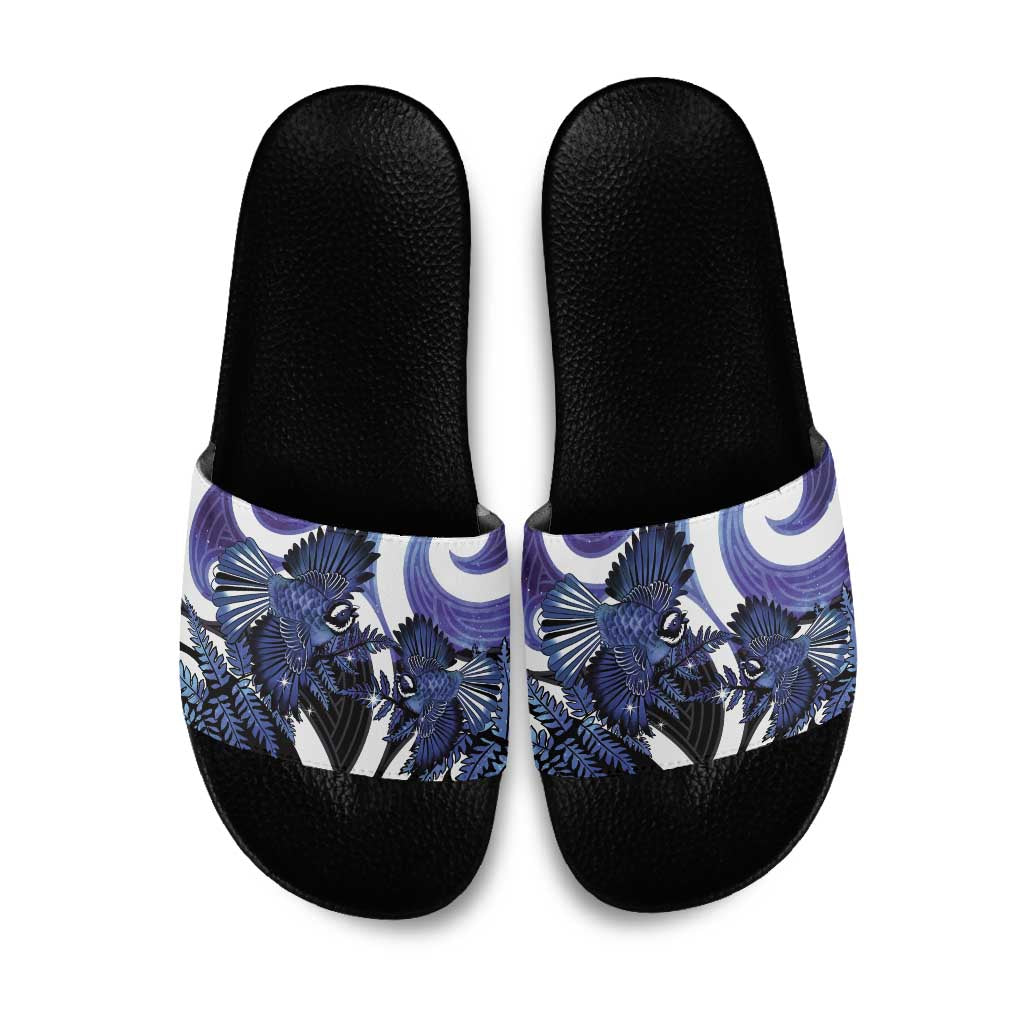 Piwakawaka New Zealand Matariki Slide Sandals Maori New Year Silver Fern Purple Galaxy