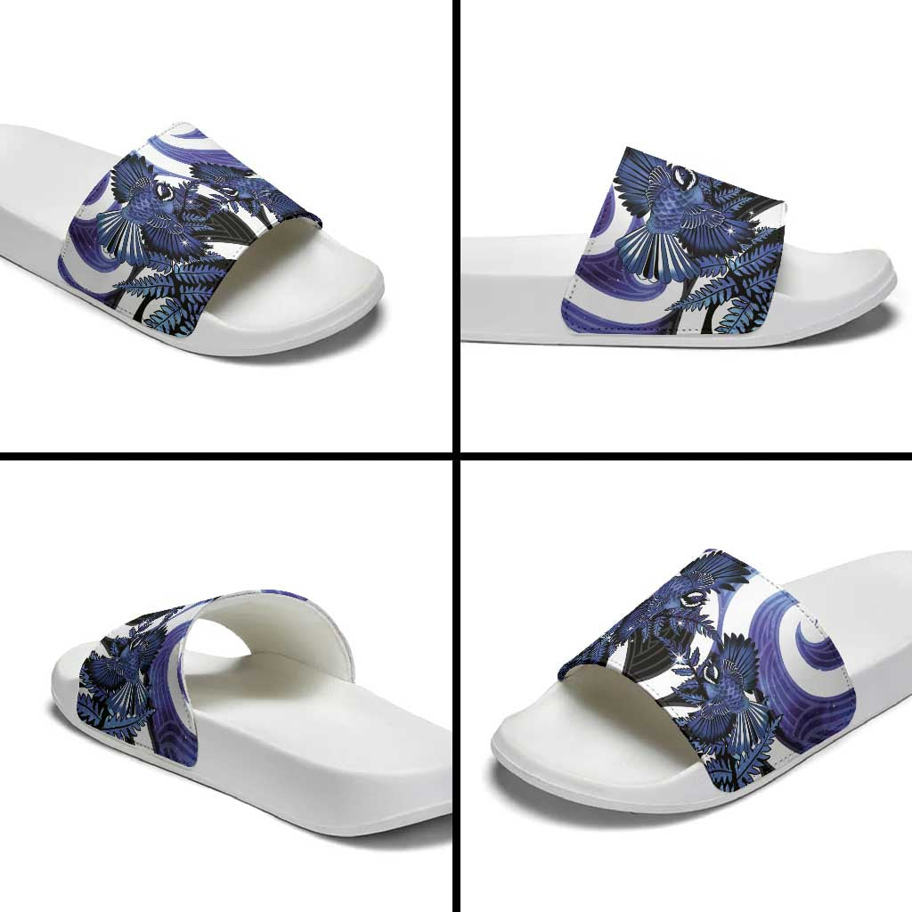 Piwakawaka New Zealand Matariki Slide Sandals Maori New Year Silver Fern Purple Galaxy