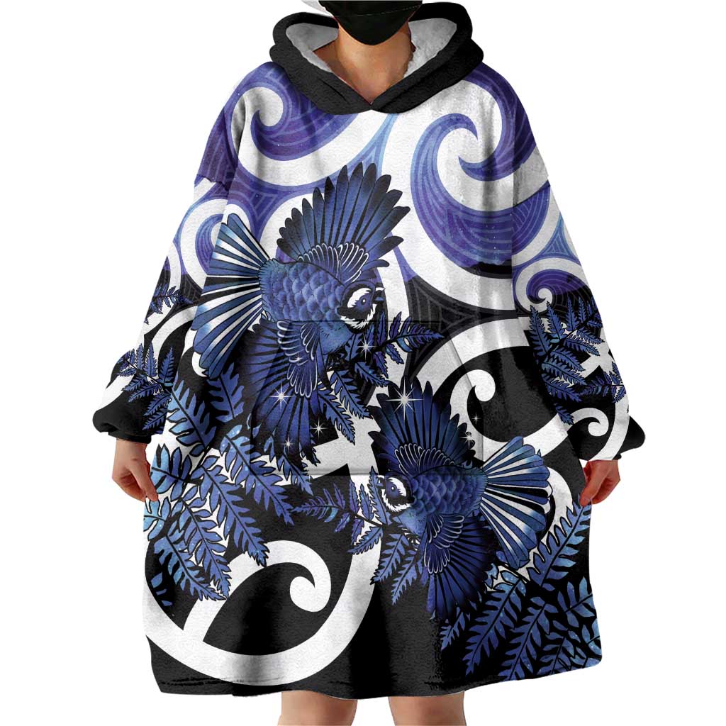 Piwakawaka New Zealand Matariki Wearable Blanket Hoodie Maori New Year Silver Fern Purple Galaxy