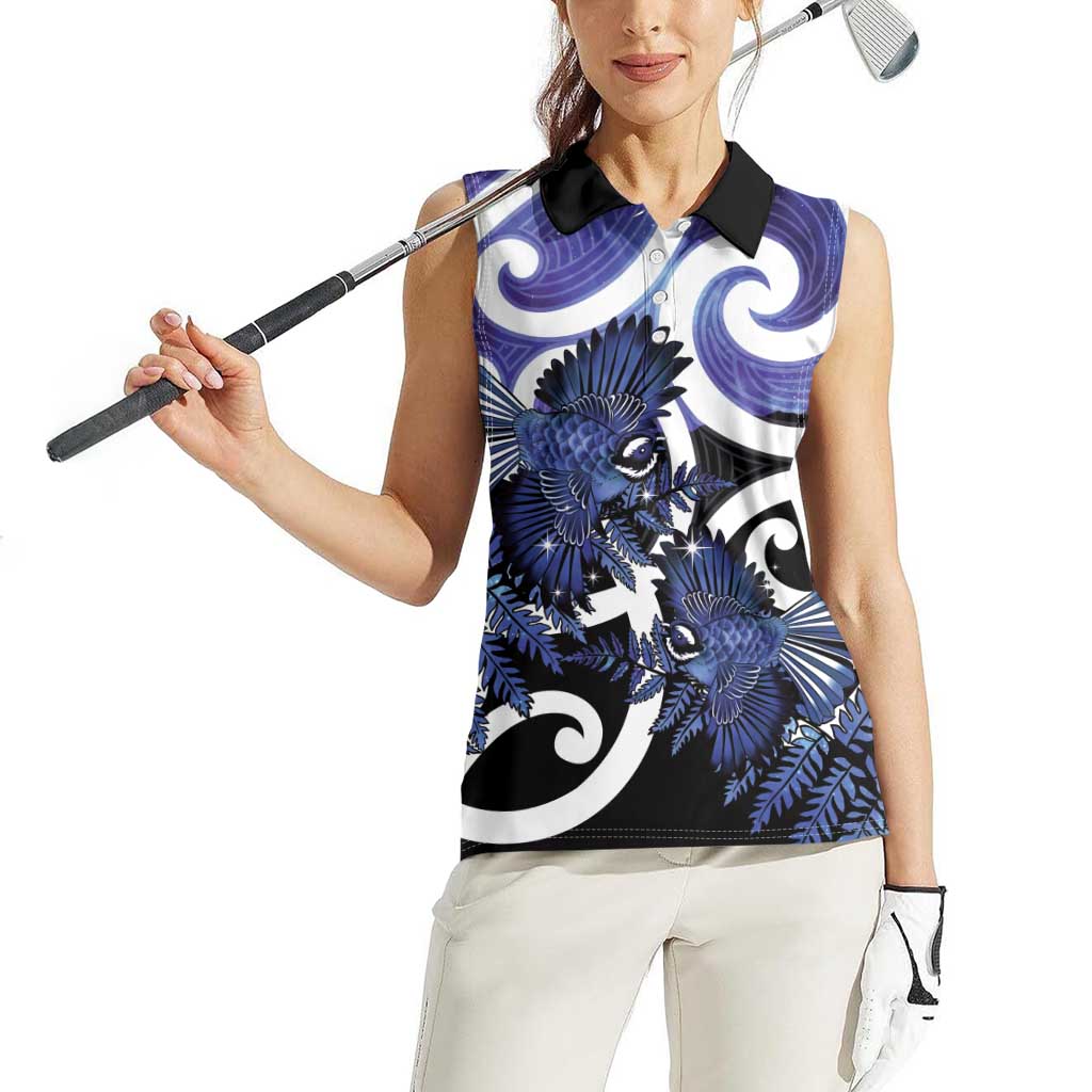 Piwakawaka New Zealand Matariki Women Sleeveless Polo Shirt Maori New Year Silver Fern Purple Galaxy LT14 - Polynesian Pride
