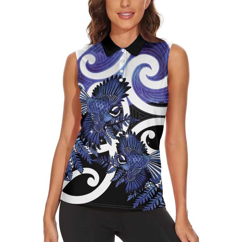 Piwakawaka New Zealand Matariki Women Sleeveless Polo Shirt Maori New Year Silver Fern Purple Galaxy LT14 - Polynesian Pride
