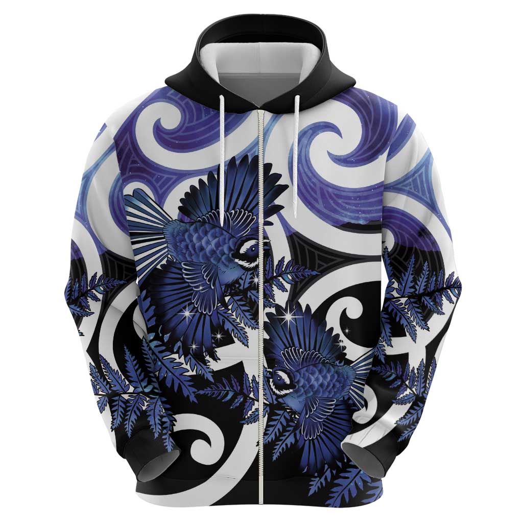 Piwakawaka New Zealand Matariki Zip Hoodie Maori New Year Silver Fern Purple Galaxy
