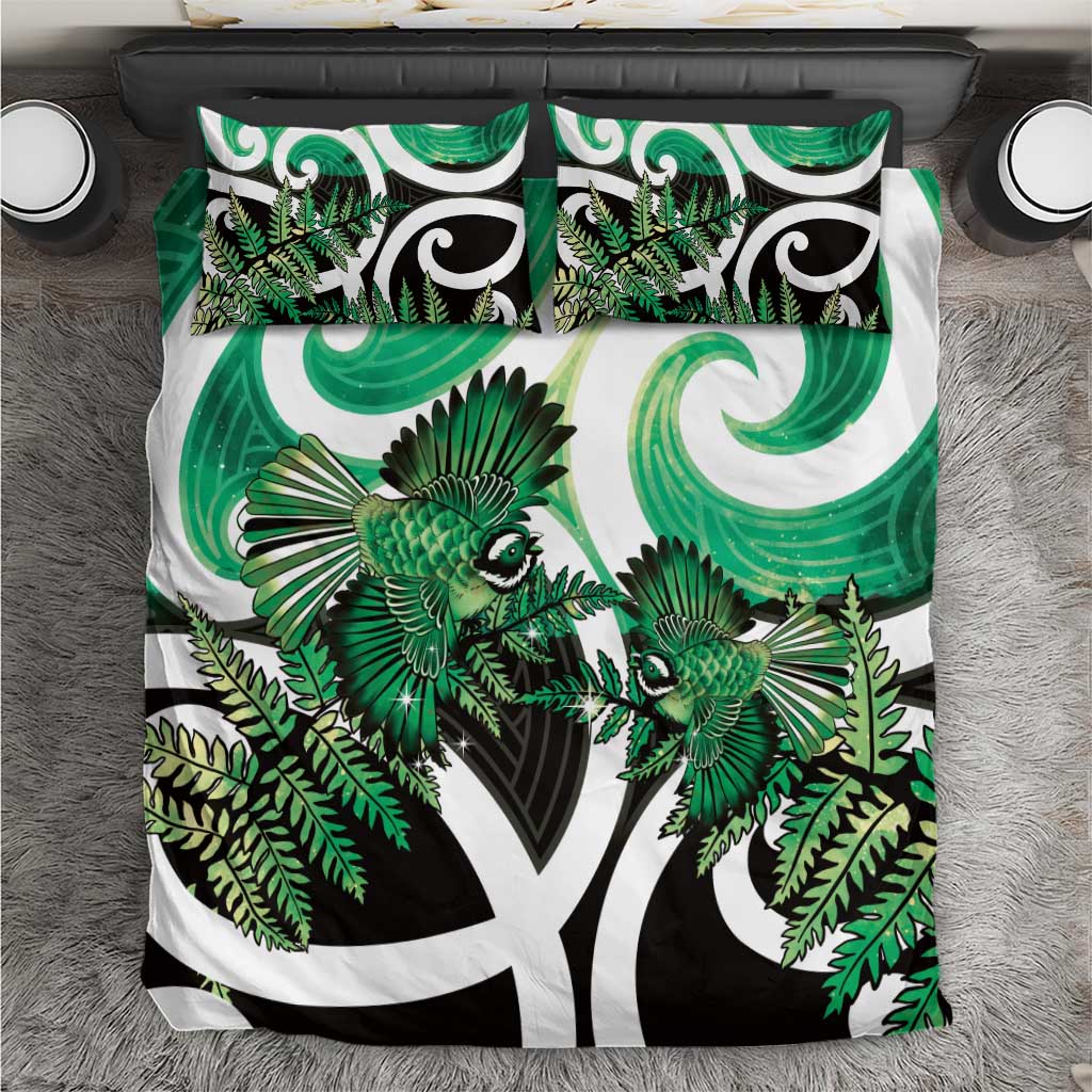 Piwakawaka New Zealand Matariki Bedding Set Maori New Year Silver Fern Green Galaxy LT14 Green - Polynesian Pride