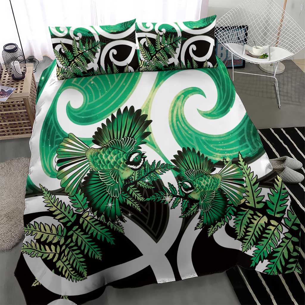 Piwakawaka New Zealand Matariki Bedding Set Maori New Year Silver Fern Green Galaxy LT14 - Polynesian Pride