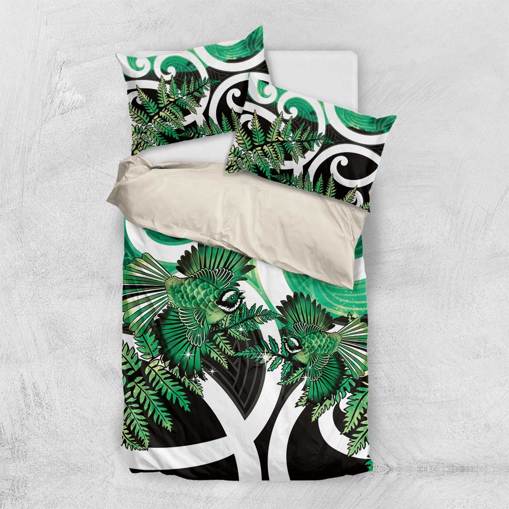 Piwakawaka New Zealand Matariki Bedding Set Maori New Year Silver Fern Green Galaxy LT14 US Twin 172cm x 218cm Green - Polynesian Pride