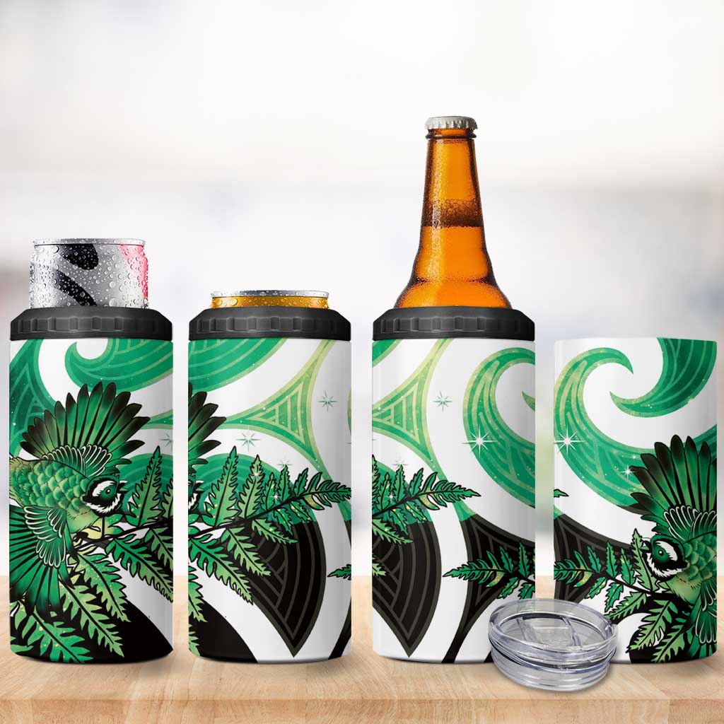 Piwakawaka New Zealand Matariki 4 in 1 Can Cooler Tumbler Maori New Year Silver Fern Green Galaxy