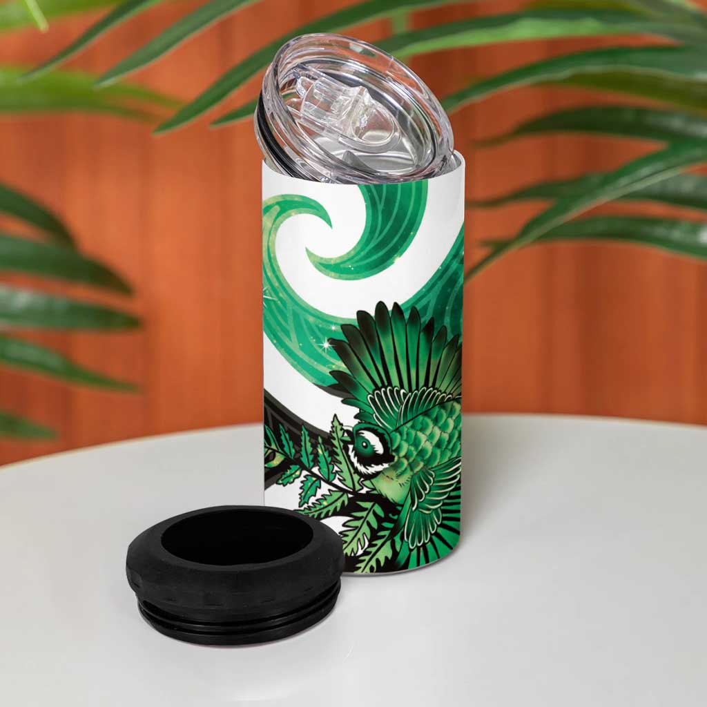 Piwakawaka New Zealand Matariki 4 in 1 Can Cooler Tumbler Maori New Year Silver Fern Green Galaxy