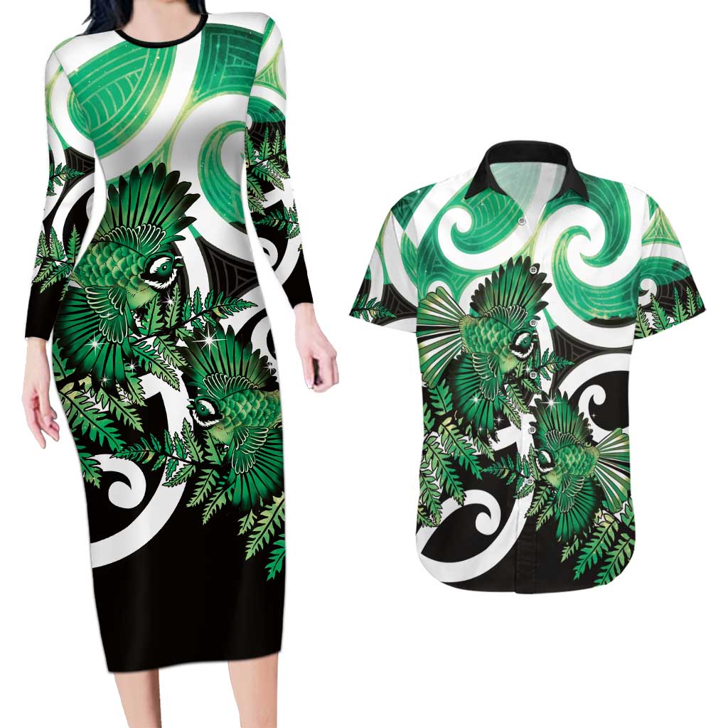 Piwakawaka New Zealand Matariki Couples Matching Long Sleeve Bodycon Dress and Hawaiian Shirt Maori New Year Silver Fern Green Galaxy