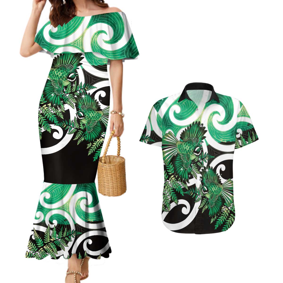 Piwakawaka New Zealand Matariki Couples Matching Mermaid Dress and Hawaiian Shirt Maori New Year Silver Fern Green Galaxy