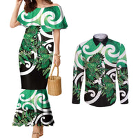 Piwakawaka New Zealand Matariki Couples Matching Mermaid Dress and Long Sleeve Button Shirt Maori New Year Silver Fern Green Galaxy