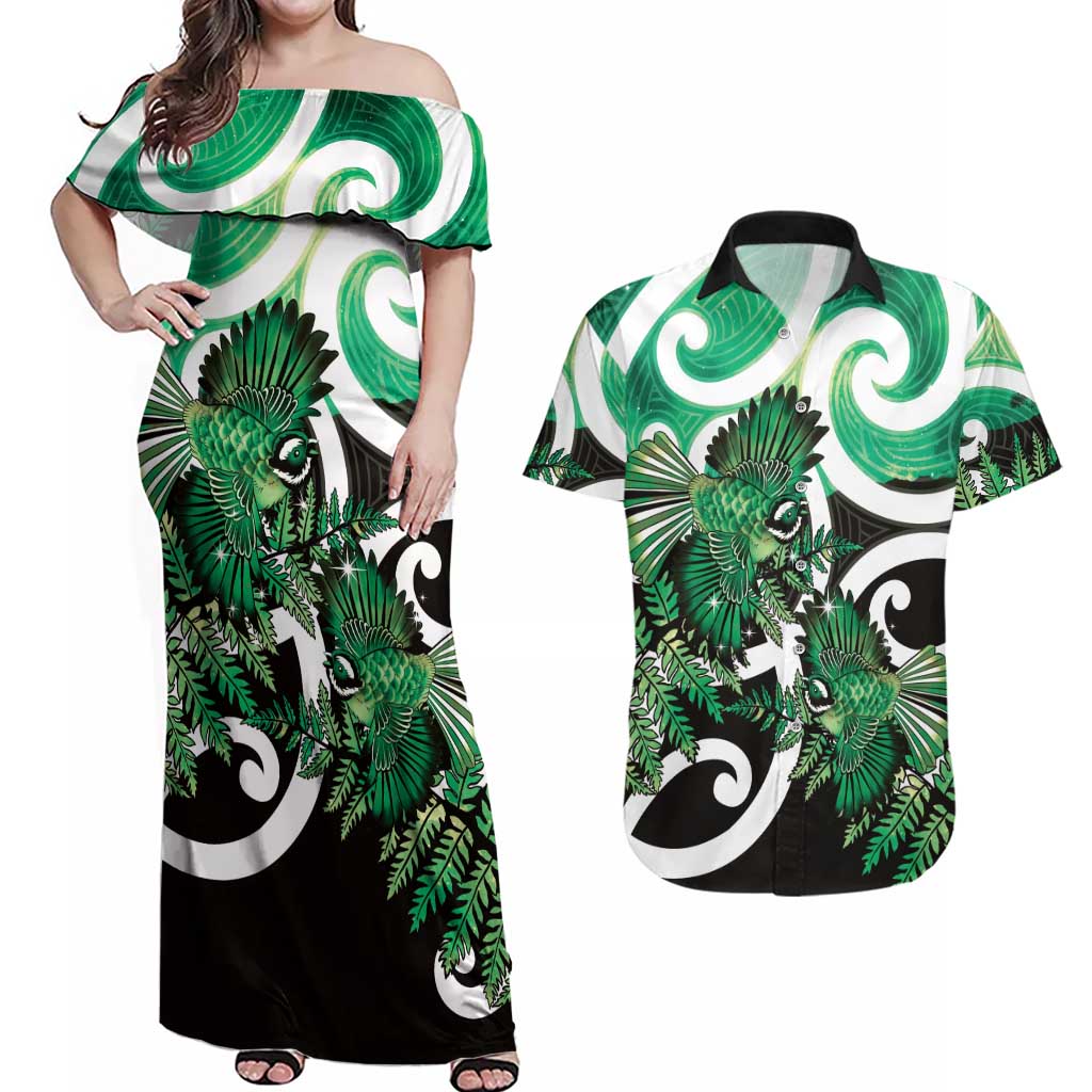 Piwakawaka New Zealand Matariki Couples Matching Off Shoulder Maxi Dress and Hawaiian Shirt Maori New Year Silver Fern Green Galaxy