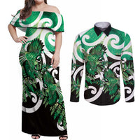 Piwakawaka New Zealand Matariki Couples Matching Off Shoulder Maxi Dress and Long Sleeve Button Shirt Maori New Year Silver Fern Green Galaxy