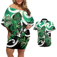 Piwakawaka New Zealand Matariki Couples Matching Off Shoulder Short Dress and Hawaiian Shirt Maori New Year Silver Fern Green Galaxy