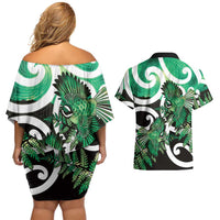 Piwakawaka New Zealand Matariki Couples Matching Off Shoulder Short Dress and Hawaiian Shirt Maori New Year Silver Fern Green Galaxy