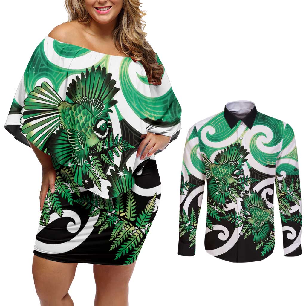 Piwakawaka New Zealand Matariki Couples Matching Off Shoulder Short Dress and Long Sleeve Button Shirt Maori New Year Silver Fern Green Galaxy