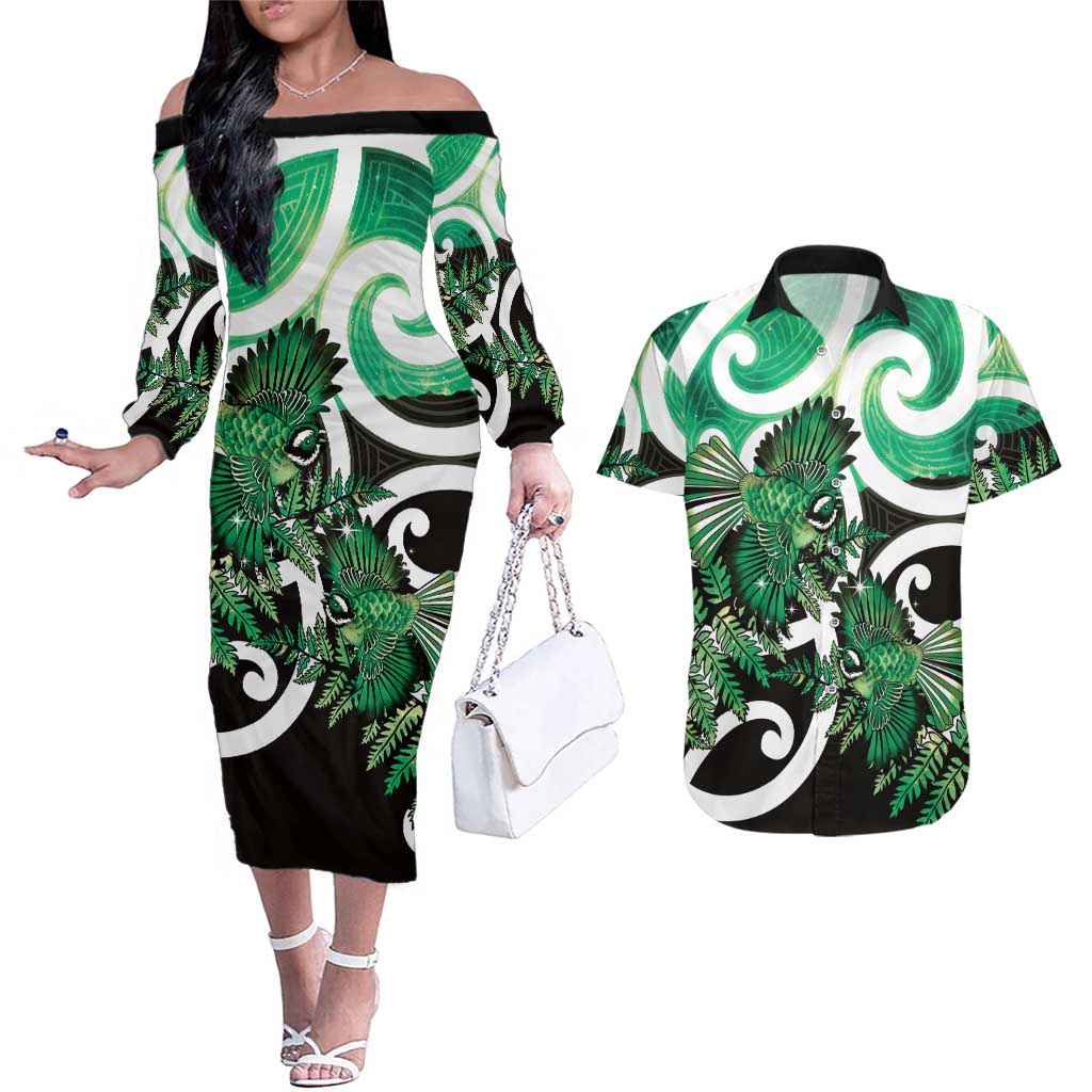 Piwakawaka New Zealand Matariki Couples Matching Off The Shoulder Long Sleeve Dress and Hawaiian Shirt Maori New Year Silver Fern Green Galaxy