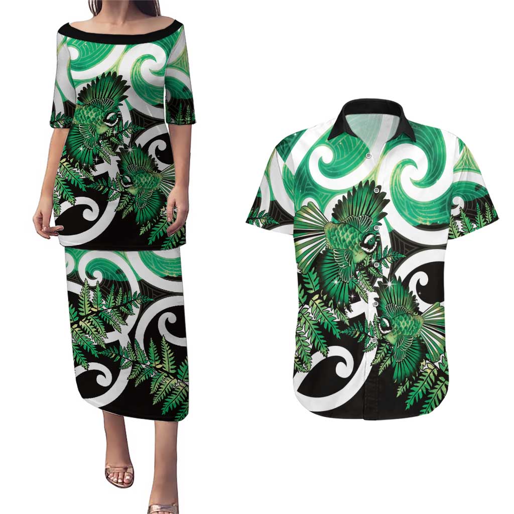 Piwakawaka New Zealand Matariki Couples Matching Puletasi and Hawaiian Shirt Maori New Year Silver Fern Green Galaxy LT14 Green - Polynesian Pride