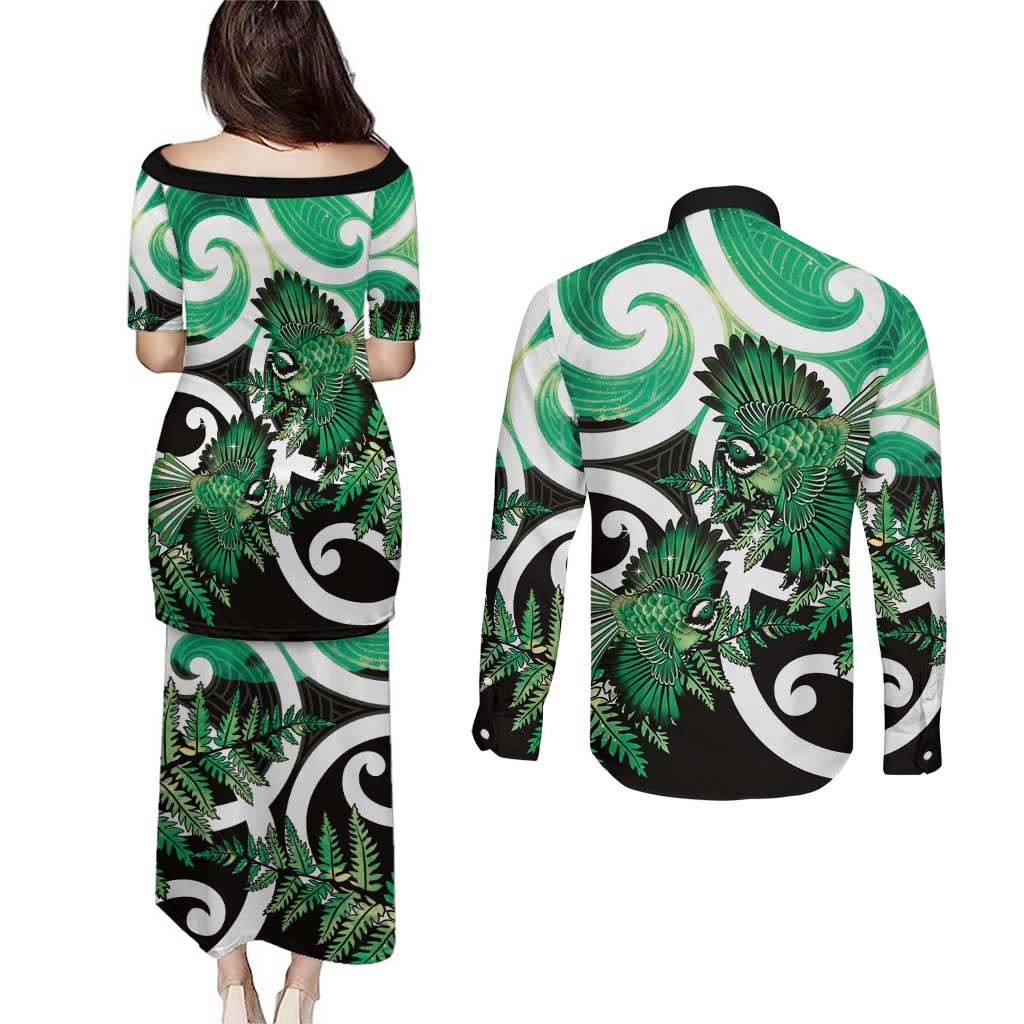 Piwakawaka New Zealand Matariki Couples Matching Puletasi and Long Sleeve Button Shirt Maori New Year Silver Fern Green Galaxy