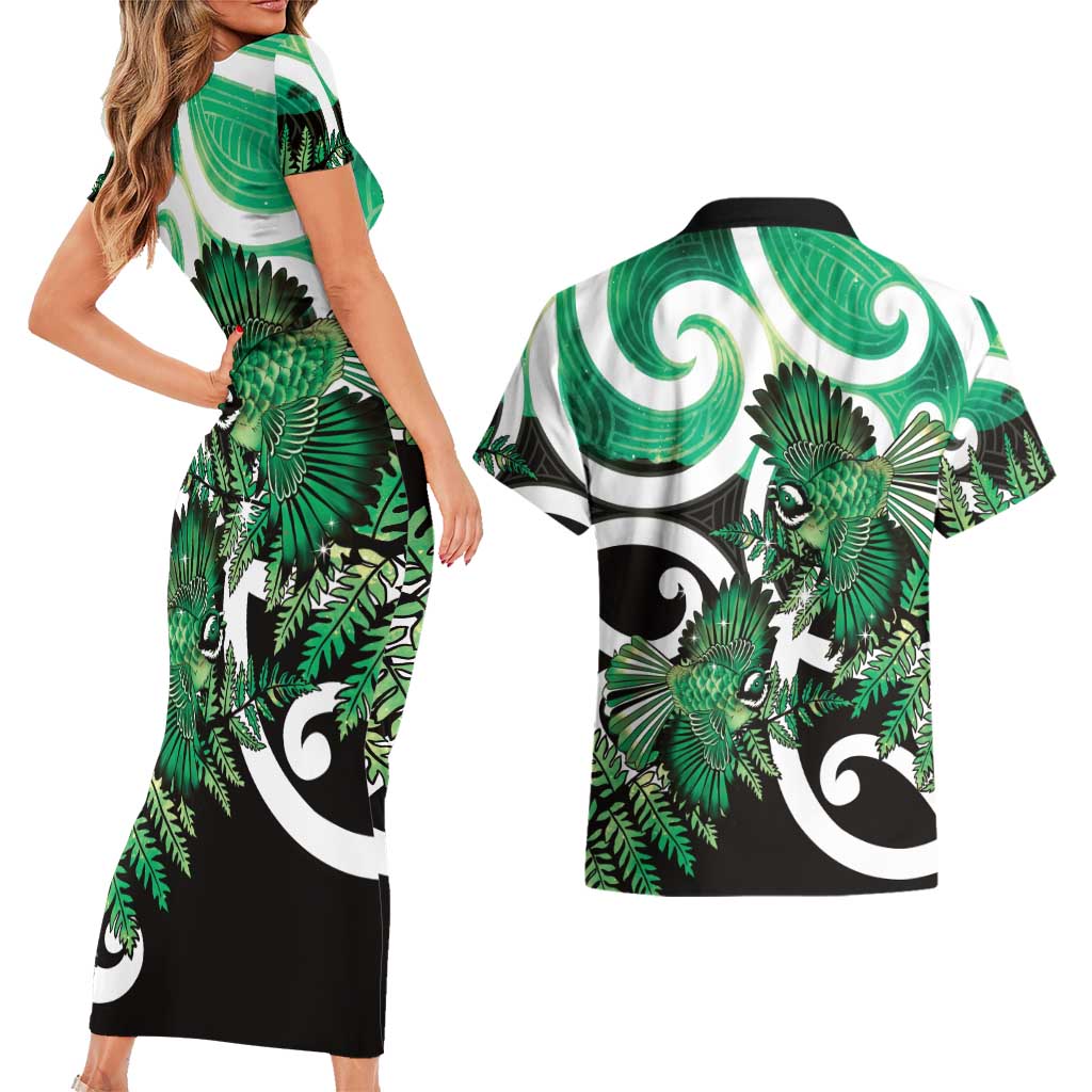 Piwakawaka New Zealand Matariki Couples Matching Short Sleeve Bodycon Dress and Hawaiian Shirt Maori New Year Silver Fern Green Galaxy