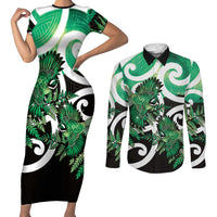 Piwakawaka New Zealand Matariki Couples Matching Short Sleeve Bodycon Dress and Long Sleeve Button Shirt Maori New Year Silver Fern Green Galaxy