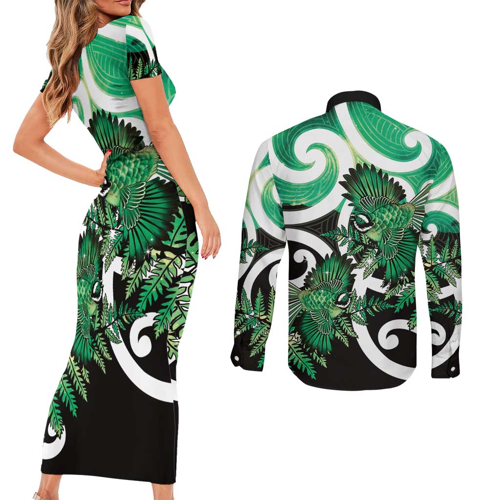 Piwakawaka New Zealand Matariki Couples Matching Short Sleeve Bodycon Dress and Long Sleeve Button Shirt Maori New Year Silver Fern Green Galaxy