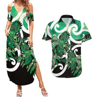 Piwakawaka New Zealand Matariki Couples Matching Summer Maxi Dress and Hawaiian Shirt Maori New Year Silver Fern Green Galaxy