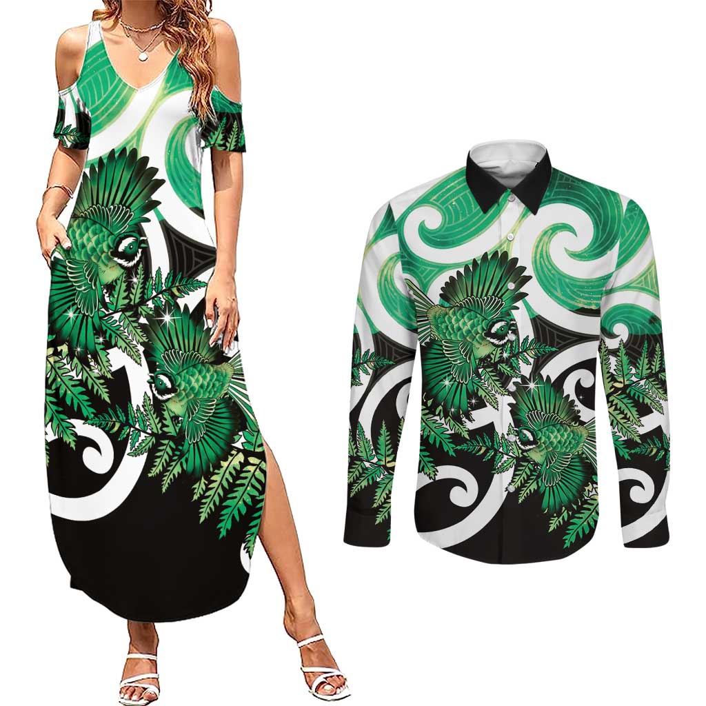 Piwakawaka New Zealand Matariki Couples Matching Summer Maxi Dress and Long Sleeve Button Shirt Maori New Year Silver Fern Green Galaxy