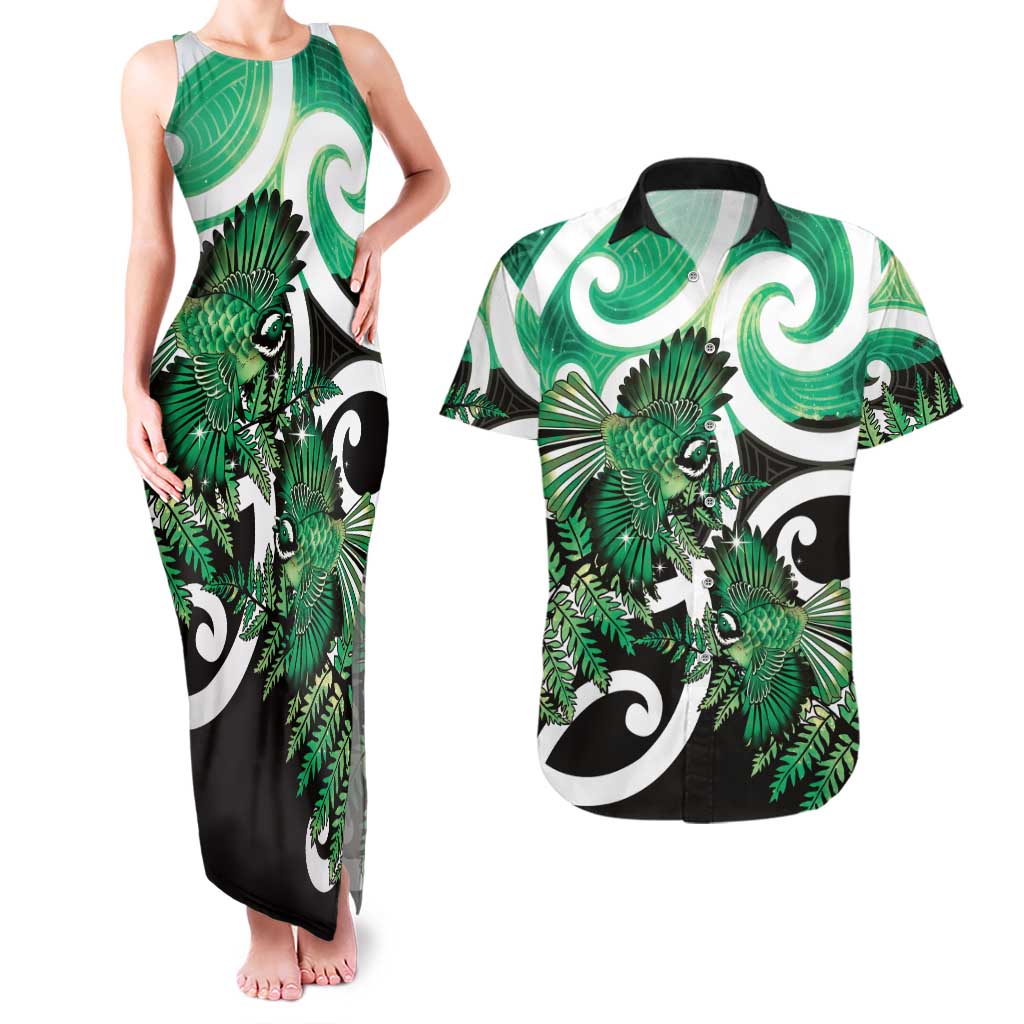Piwakawaka New Zealand Matariki Couples Matching Tank Maxi Dress and Hawaiian Shirt Maori New Year Silver Fern Green Galaxy LT14 Green - Polynesian Pride