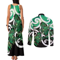 Piwakawaka New Zealand Matariki Couples Matching Tank Maxi Dress and Long Sleeve Button Shirt Maori New Year Silver Fern Green Galaxy