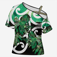 Piwakawaka New Zealand Matariki Cross Shoulder Shirt Maori New Year Silver Fern Green Galaxy