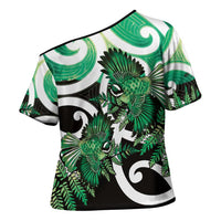 Piwakawaka New Zealand Matariki Cross Shoulder Shirt Maori New Year Silver Fern Green Galaxy