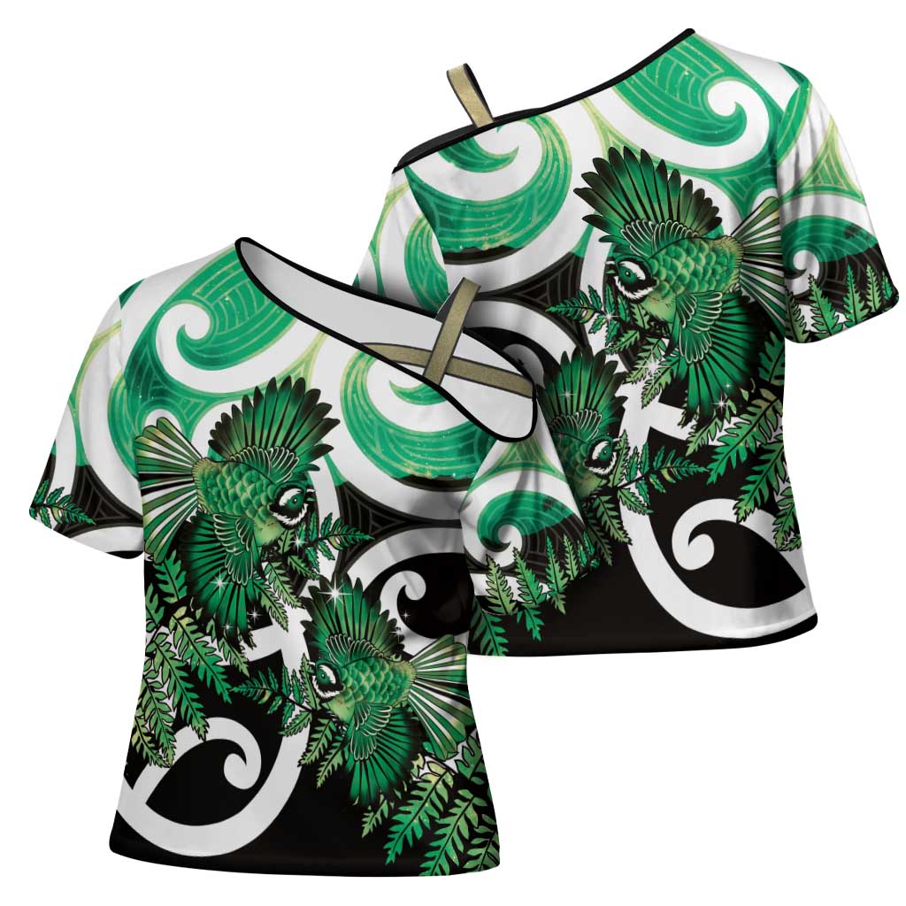 Piwakawaka New Zealand Matariki Cross Shoulder Shirt Maori New Year Silver Fern Green Galaxy