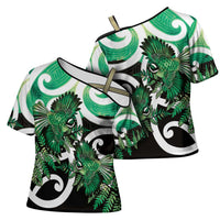 Piwakawaka New Zealand Matariki Cross Shoulder Shirt Maori New Year Silver Fern Green Galaxy
