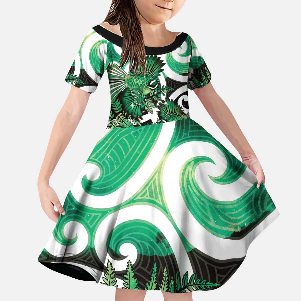 Piwakawaka New Zealand Matariki Family Matching Long Sleeve Bodycon Dress and Hawaiian Shirt Maori New Year Silver Fern Green Galaxy LT14 Daughter's Dress Green - Polynesian Pride