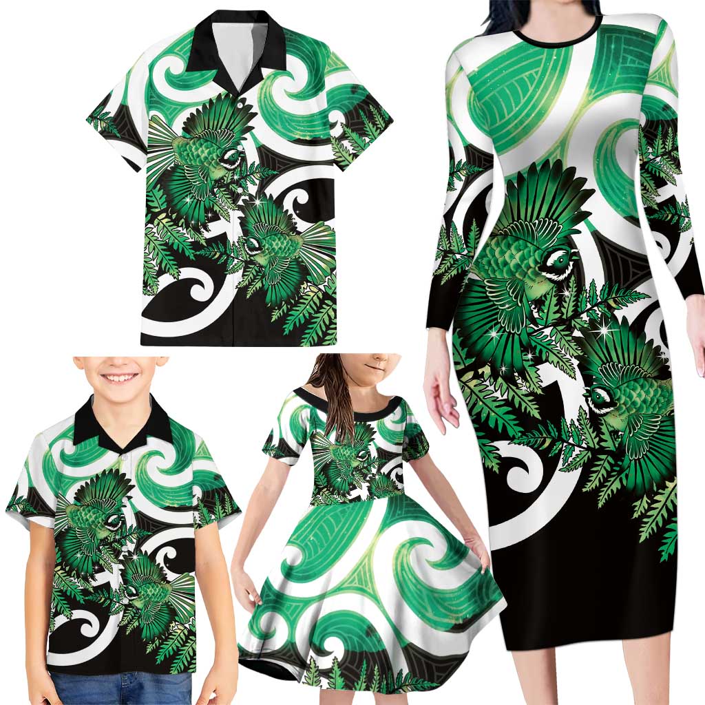 Piwakawaka New Zealand Matariki Family Matching Long Sleeve Bodycon Dress and Hawaiian Shirt Maori New Year Silver Fern Green Galaxy LT14 - Polynesian Pride